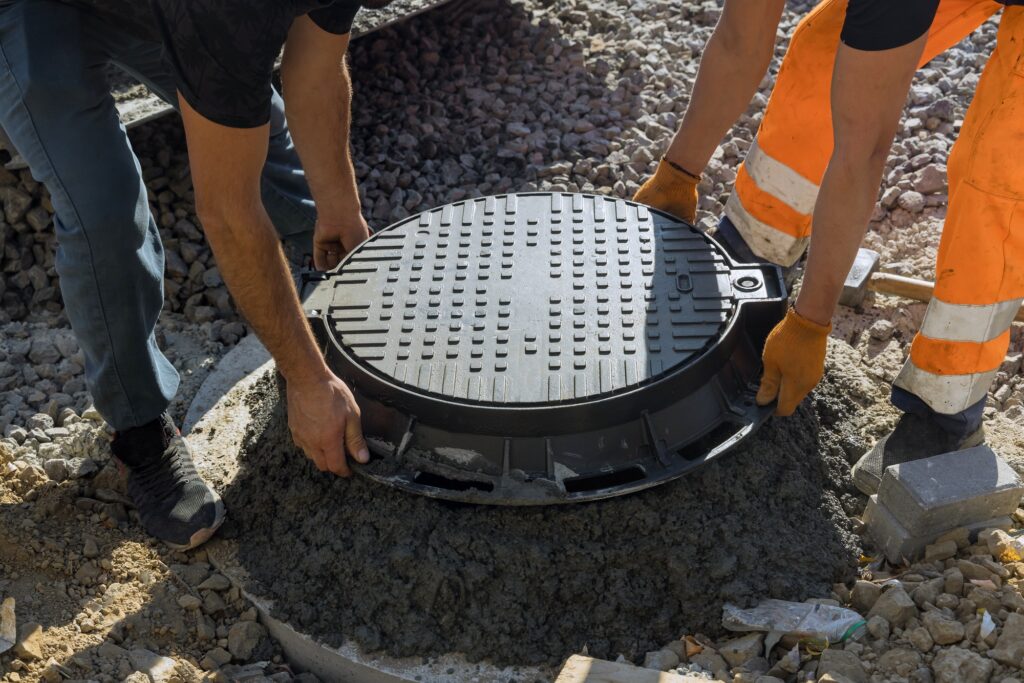 A worker installs a sewer manhole on a septic tank made of concrete rings